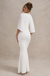 White Draped Short-Sleeve Maxi Dress